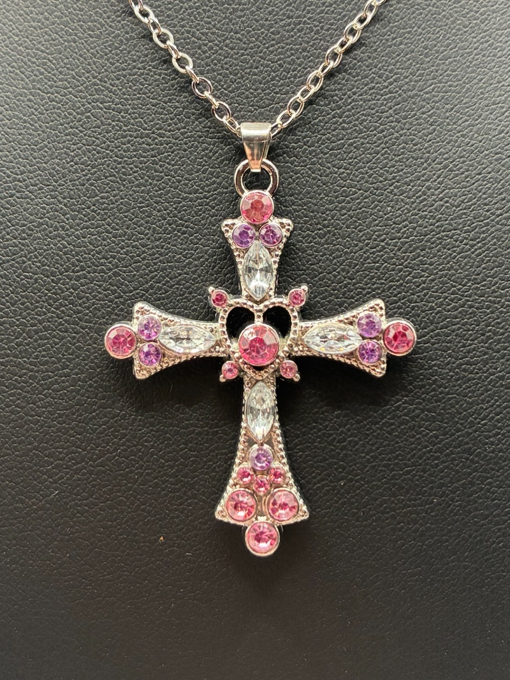 Silver Cross Pendant Necklace with Pink and Purple Crystals